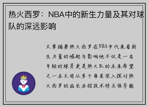 热火西罗：NBA中的新生力量及其对球队的深远影响